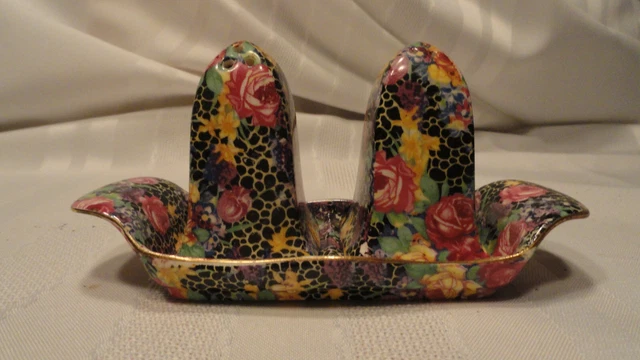 Royal Winton Grimwades Chintz Hazel Salt & Pepper Set W/Tray Antique Authentic