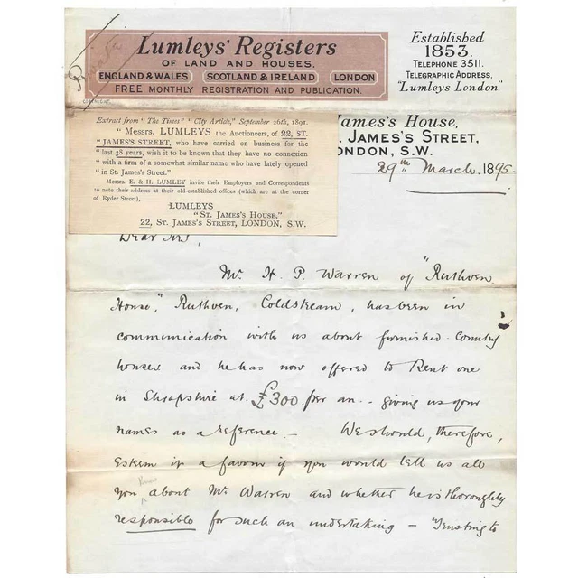 1895 Billhead, Lumley's Register of Land & Houses, St James's St LONDON