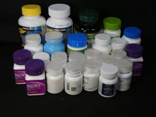 Lote de 24 botellas de plástico vacías pequeñas y medianas usadas medicamentos vitamínicos #10