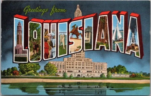 LOUISIANA Large Letter Postcard State Capitol Night View / KROPP Linen c1940s