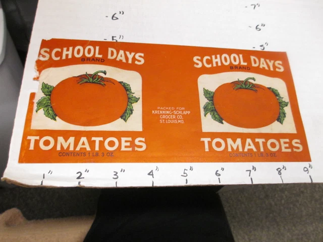 SCHOOL DAYS tomatoes 1930s metal tin can food paper label Krenning Schlapp