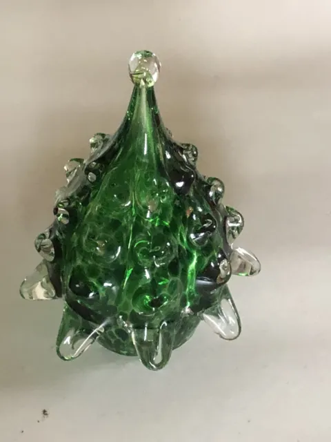 Art Glass Murano Style Christmas Tree Paperweight Topper Gold Specks 7" Green