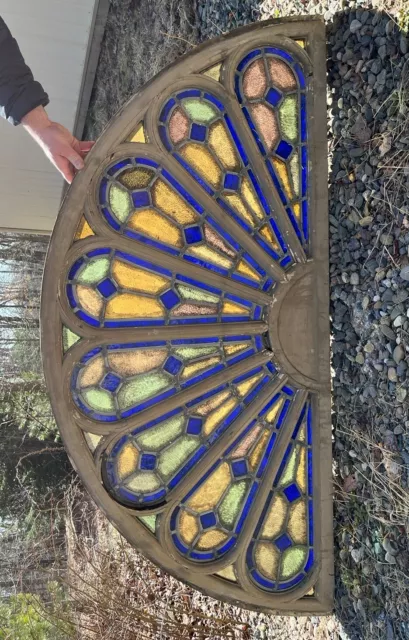 Amazing Antique Kiln-Fired Stained Glass Gothic Arch For Repurpose
