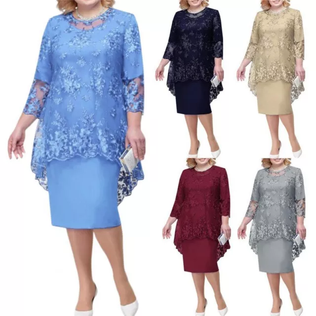 High-Waist Elegant Embroidery Lace 3/4 Sleeve Midi Dress O-Neck Plus Size S-5XL