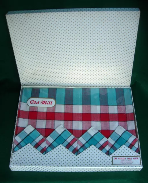 Irish Linen Checked Table Cloth (50 x 50) & 4 Napkins (12 x 12) Vintage Boxed  