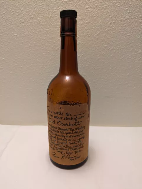 Old, very rare, commemorative “Old Overholt” 4/5-quart Rye Whiskey bottle