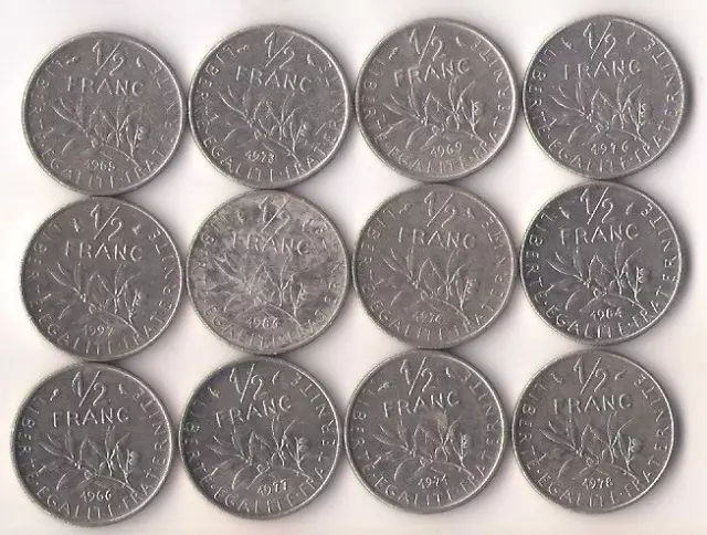 FRANCIA, lote de 12 monedas diferentes de MEDIO FRANCO