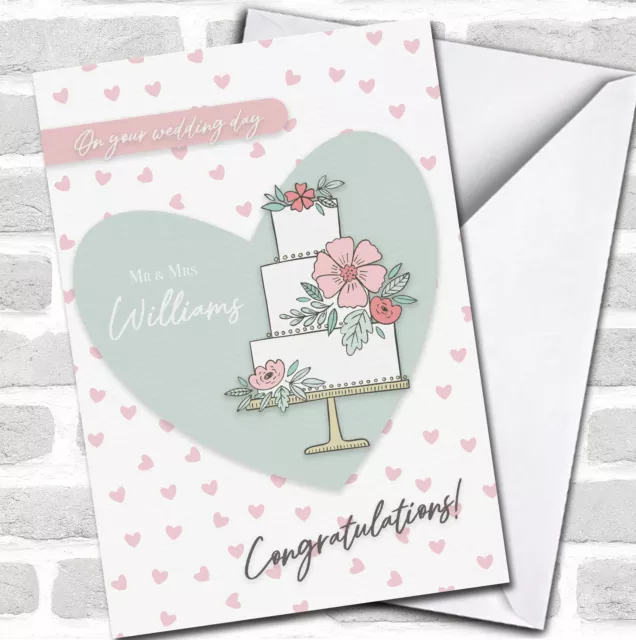 Wedding Day Cake Pink Flowers Congratulations Hearts Teal Personalised Card