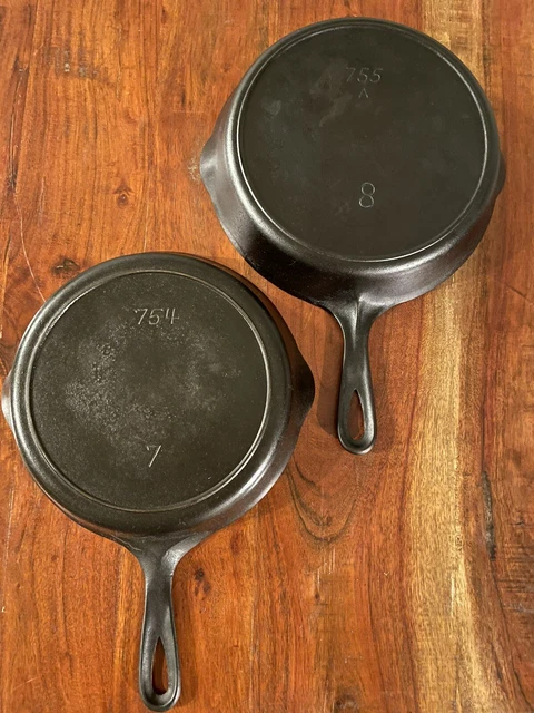 Pair Of Unmarked Griswold 754 (#7) & 755 (#8) Cast Iron Skillets -One With Crack