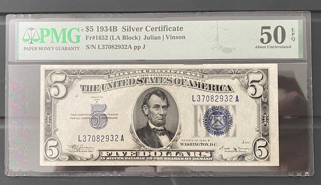 1934 B FIVE DOLLARS SILVER CERTIFICATE Fr# 1652 PMG 50 EPQ