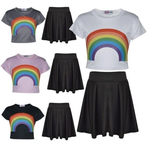 Bambine Top Corto & Gonna Stampa Arcobaleno Moda Due Pezzi Ventre Camicia &