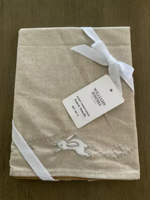 New Williams Sonoma Bunny Embroidered Easter Guest Towels Set (2) Linen Rabbit