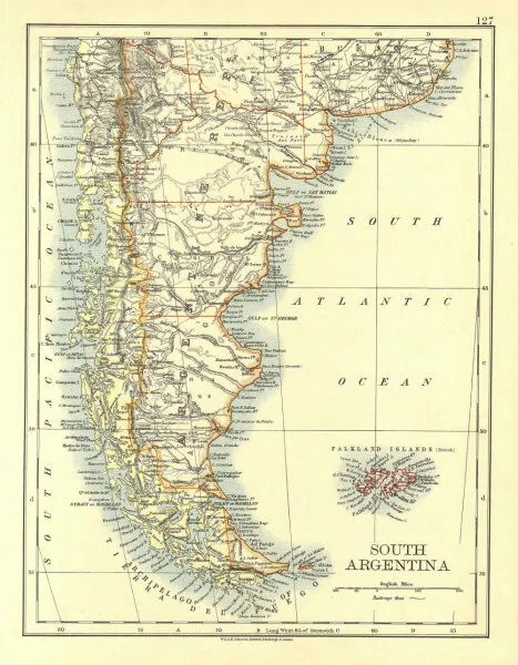 PATAGONIA. Southern Argentina & Chile. Falkland Islands.  JOHNSTON 1906 map