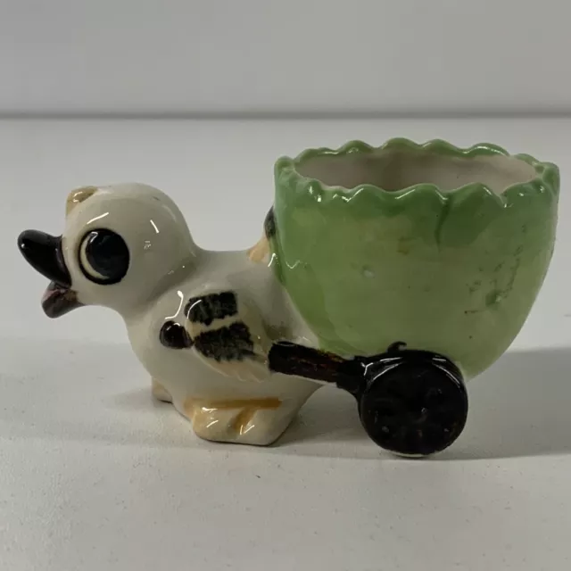 Vintage Porcelain Ceramic Egg Cup Anthropomorphic duck pulling wagon kitch Japan