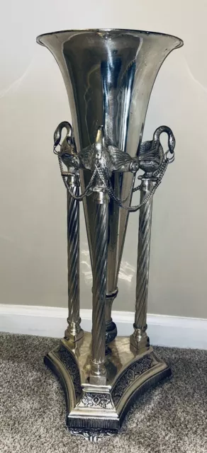 Art Nouveau 26” Silver Plated Brass Hurricane Mantle Vase Urn Swans & Lion Feet