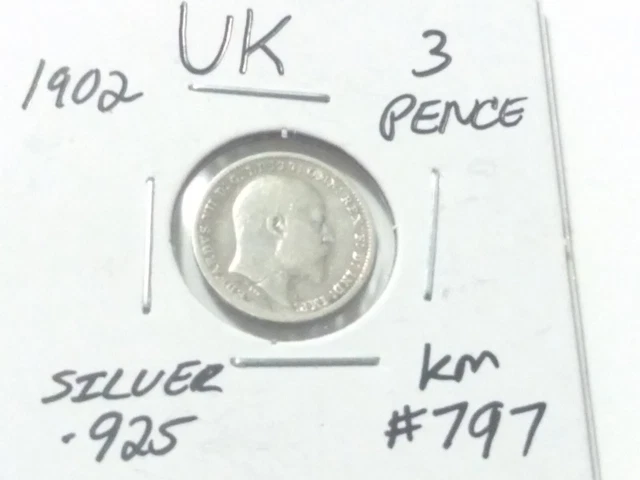 Silver World Coin, United Kingdom, 3 Pence, 1902, Carded, Circulated Condition
