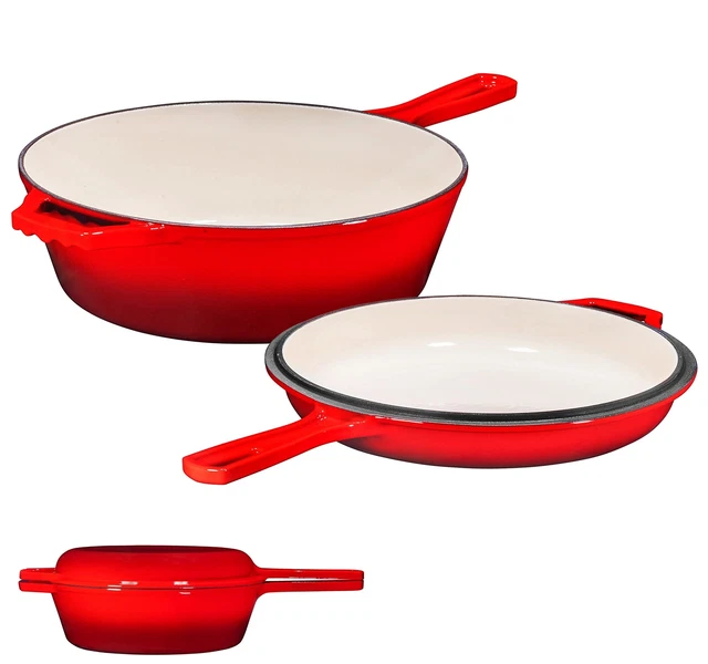 Enameled Red 2-In-1 Cast Iron Multi-Cooker By Heavy Duty 3 Quart Deep Skillet An