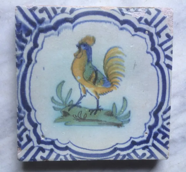 Antique Superb Dutch Delft Tile Cock Wan-Li Circa 1600-1625