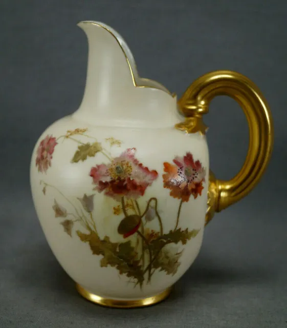 Royal Worcester Hand Painted Poppies Blush Ivory Gold Creamer / Small Jug C.1892