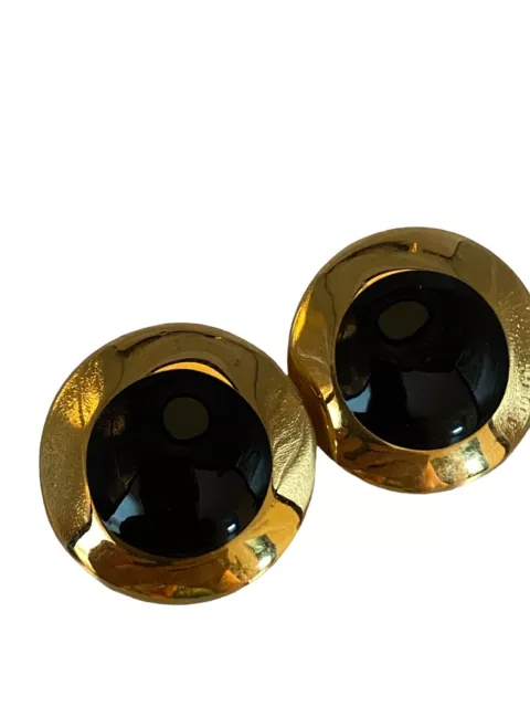 Monet Round Black Enamel Gold Tone Clip On Earrings