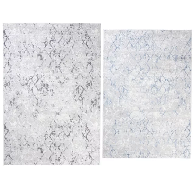 Vintageteppich Teppich Rauten Muster Modern Kurzflor Grau Blau Weiß Wohnzimmer
