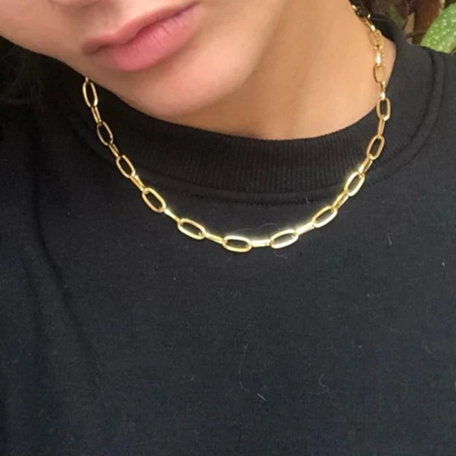 Gold Paperclip Rectangle Link Chain Necklace Oval Elongated Link neck 18"-20"~