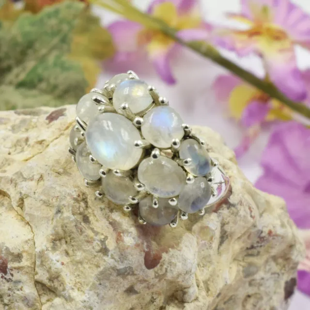 Rainbow Moonstone Cluster Ring Fine Sterling Silver Gemstone Authentique Bijoux