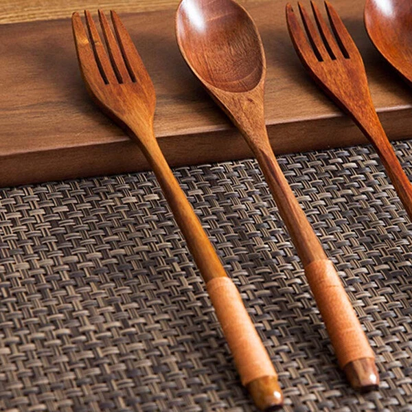 Cocina Cubiertos Viaje Comer Tenedor Cuchara Madera Bambú Helado Sc