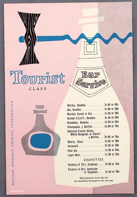 BOAC TOURIST CLASS Bar Service Vintage Airline Menu B.o.a.c. 1957 £19. ...