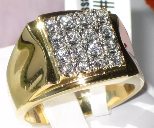 Mens gold ring 18kt cz cubic zirconia 16 stone signet pinky steel mans new 751