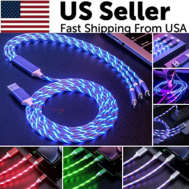2x 3in1 LED Fast Charging Cable Adapter For iPhone Micro USB Type C Charger Cord