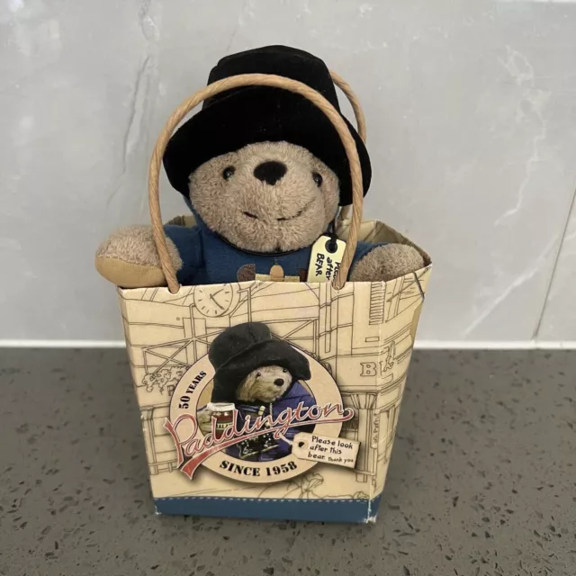 Vintage Mini Paddington Bear In Bag. 50 Year Anniversary Rainbow Designs