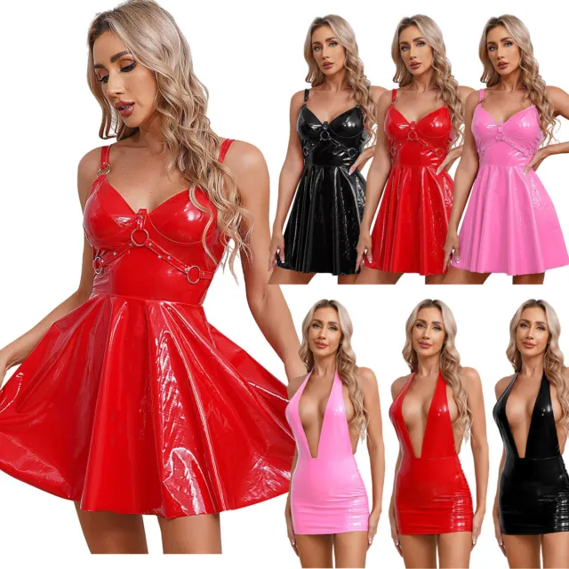 Women PVC Faux Leather Zipper Sleeveless Dress Party Club Sexy WET LOOK Dresses
