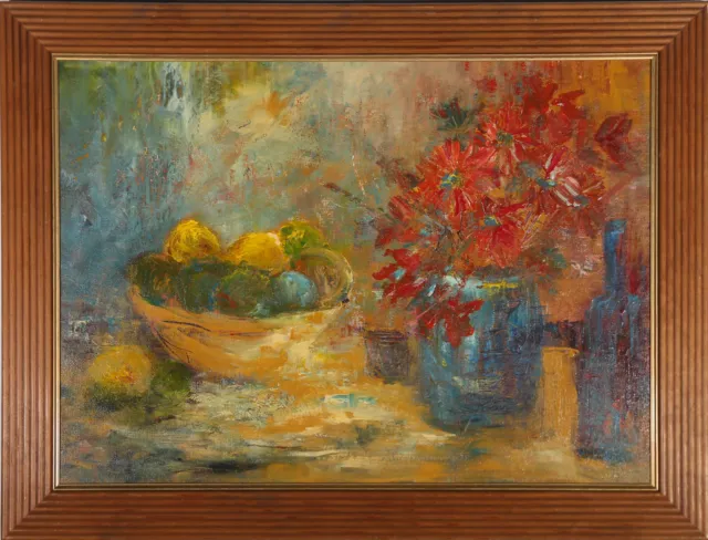 Framed 20th Century Oil - Still Life, Citrus Fruits & Flowers