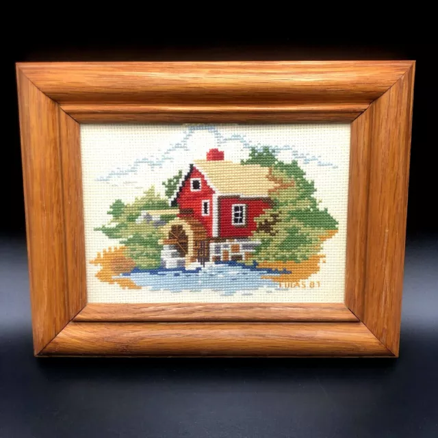 Picture Framed Finished Cross Stitch Needlepoint Red Country Water Mill Sc