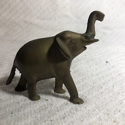 Solid Brass Vintage Elephant Figurine Statue Miniature Trunk Up Tusks Taiwan 5"