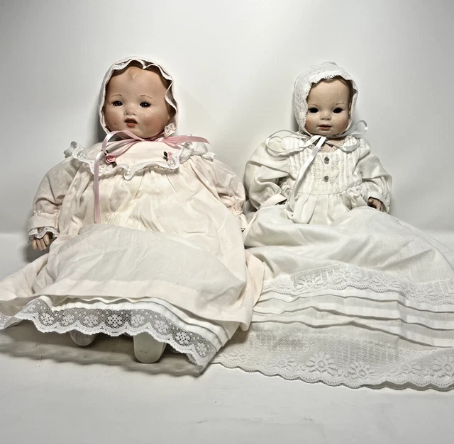 2 Vintage Handmade Porcelain Head Soft Body Cloth and Lace Dress Baby Dolls