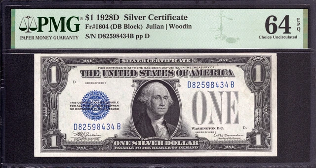 1928 D $1 Silver Certificate Note Fr.1604 Db Block Pmg Choice Unc 64 Epq