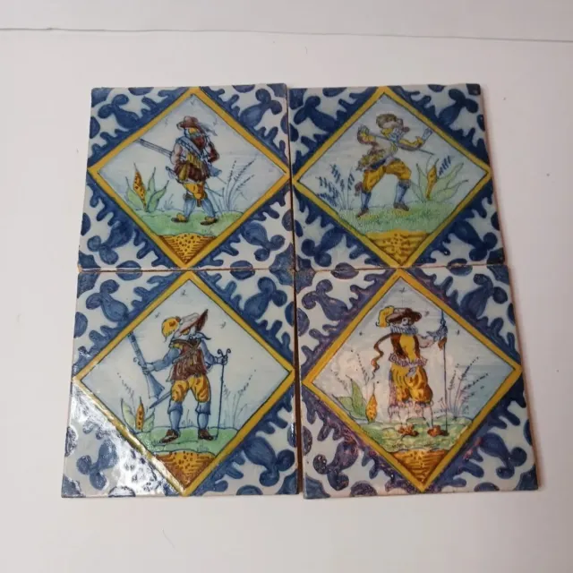Antique 18th C Decorative Dutch Delft Faience Majolica tin glazed soldier tiles
