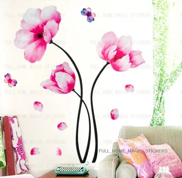 Large Pink Peony Flowers Vinyl Wall Stickers Art Decals Wallpaper Decor Home DIY