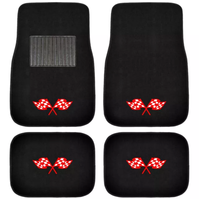 New Racing Checker Red Flag Car Truck Front Rear Back Carpet Floor Mats 4pc Set