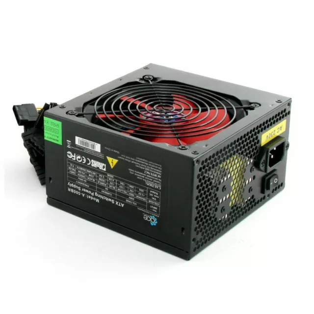 ACE Black 500W PSU PC Power Supply Unit Quiet 120mm Red Fan Desktop ATX New