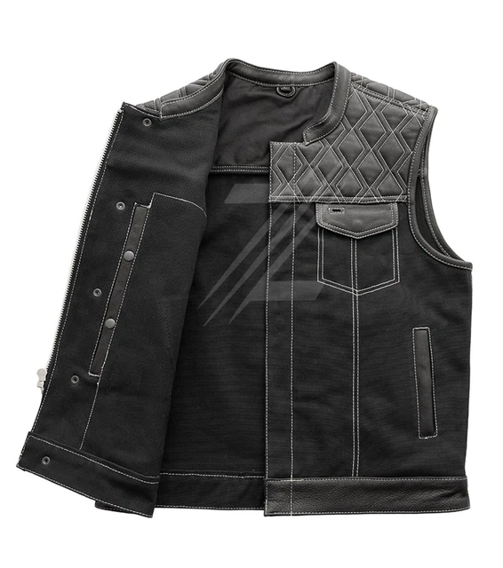 Men's Canvas Cowhide Leather Vest Black Diamond Quilted Motorcycle Bikers Vest