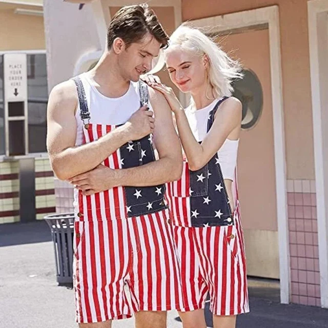 Men's American Flag Print Shorts Suspender Jumpsuits Bib Pants Casual Overall I/