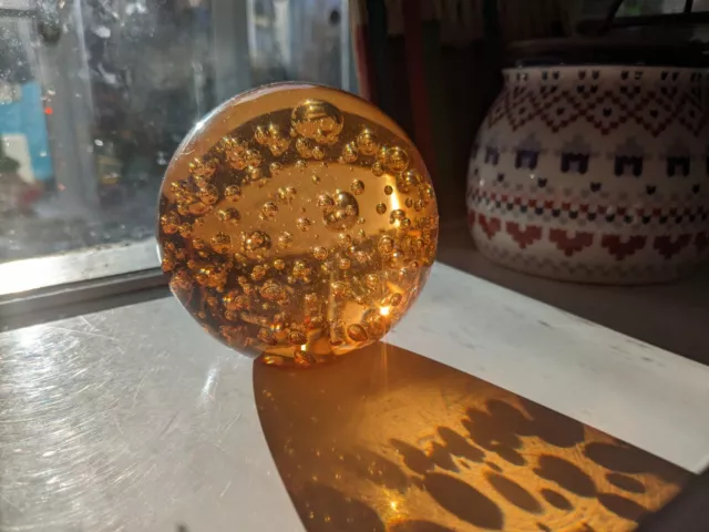 Stunning Amber / Orange Coloured Glass Bubble Paper Weight