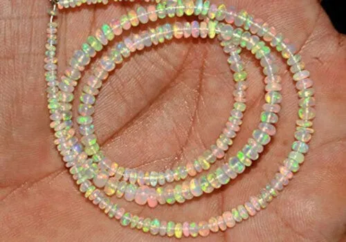 Natural Ethiopian Welo Fire Opal Rondelle Beads Necklace in 925 Sterling Silver
