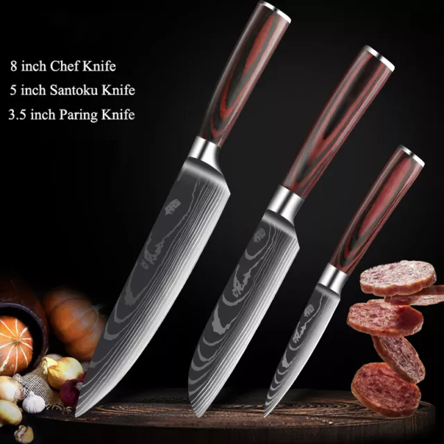 3 Stück Küchenmesser Set Edelstahl Damaskus Muster Scharf Kochmesser Geschenk