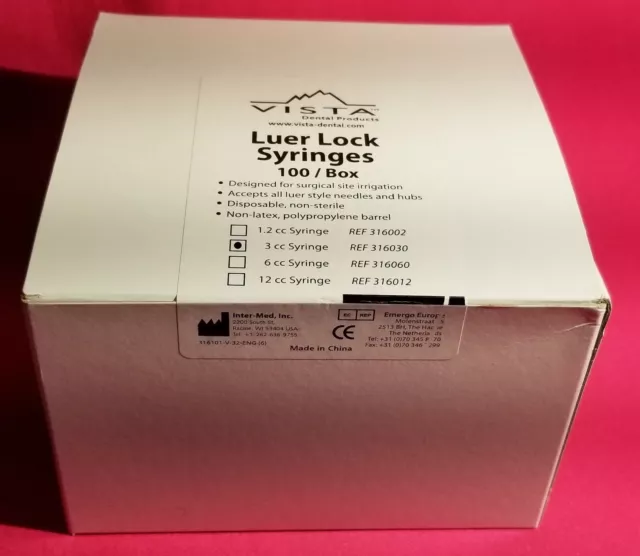 VISTA DENTAL 316030 Luer Lock 3cc Syringes Disposable Non-Sterile 100/BOX