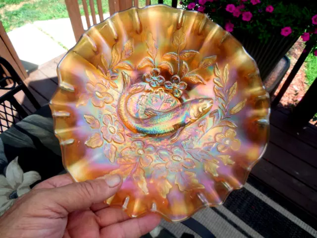 Millersburg Marigold Trout and Fly 3 in 1 edge Carnival Glass 8 1/2" Bowl