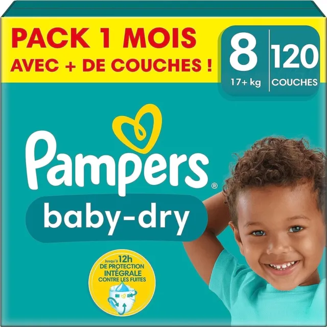 Pampers Couches Baby-Dry Taille 8 (17+ kg), 120 Couches Bébé, Pack 1 Mois, Jusqu